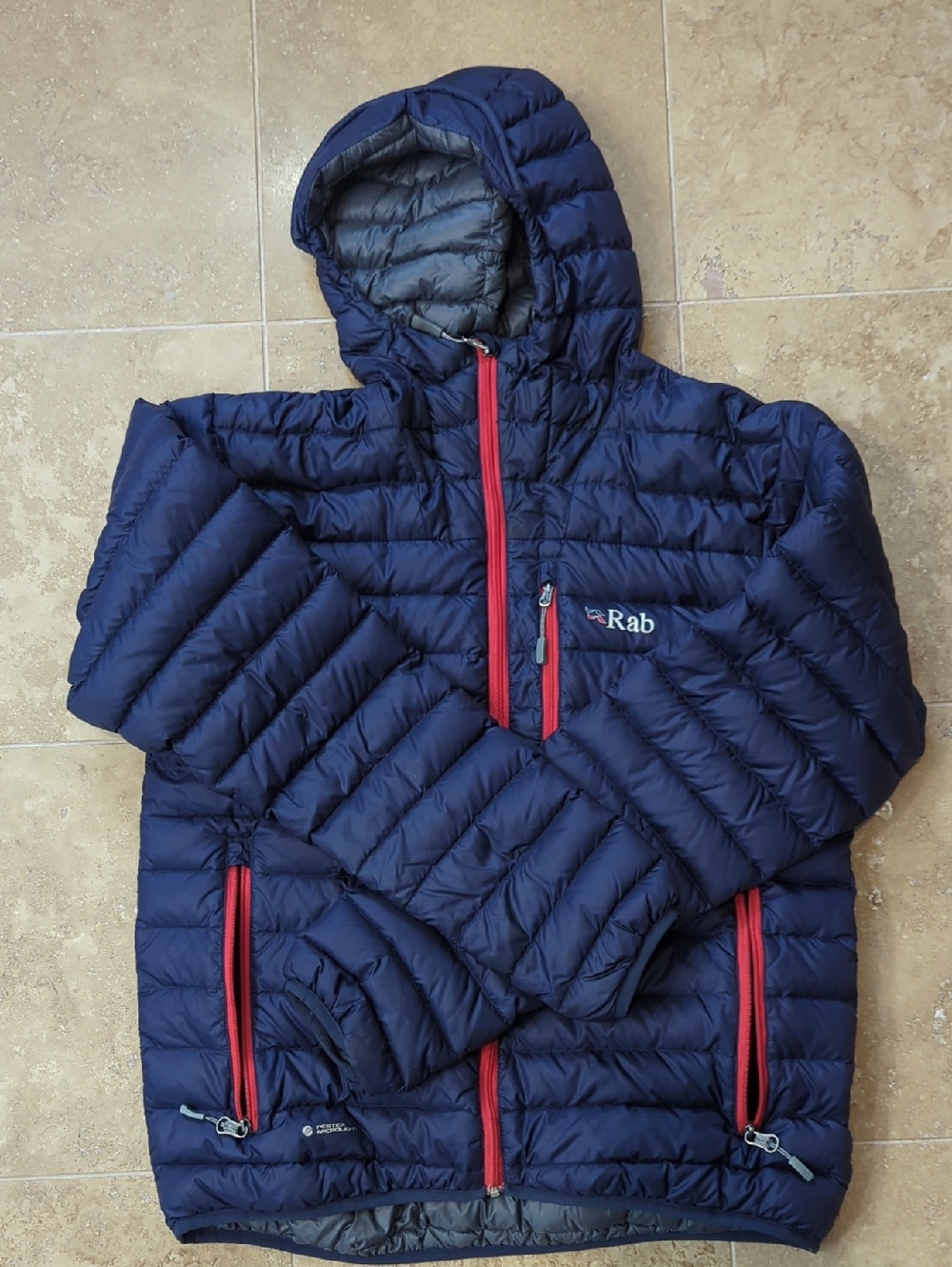 Men’s Navy Microlight Down Hooded Jacket with Red Zippers - Size Small